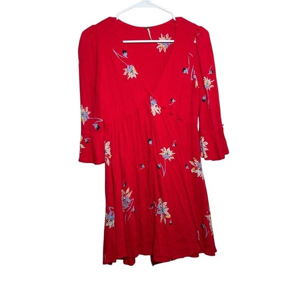 Free People Wrap Dress Women's XS Red Floral Mini Boho Casual V-Neck Button - Picture 1 of 10